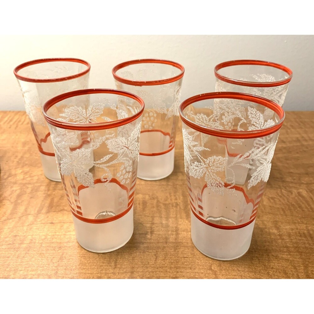 Anchor Hocking Set of 5 Etched Grapevine Tumblers Red Rim & Bands USA 1940s-50s